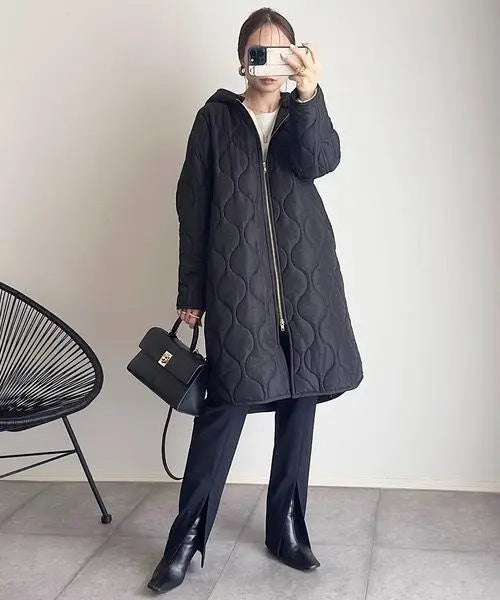 Quilted coat, long coat, plain green, knee length, hood, no collar, Korean