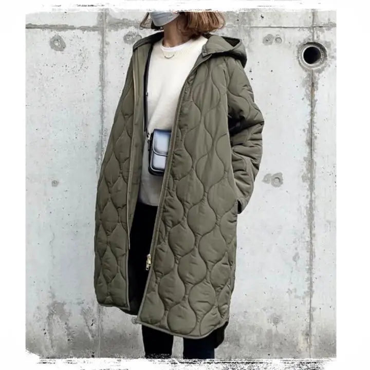 Quilted coat, long coat, plain green, knee length, hood, no collar, Korean