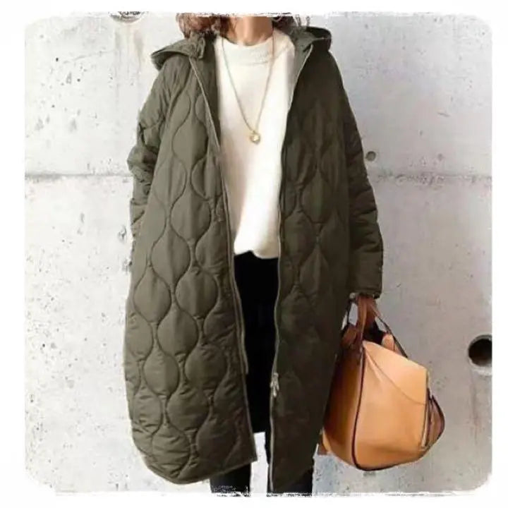 Quilted coat, long coat, plain green, knee length, hood, no collar, Korean