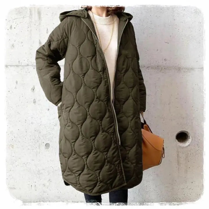 Quilted coat, long coat, plain green, knee length, hood, no collar, Korean