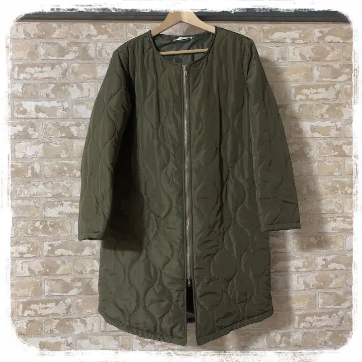 Quilted coat, long coat, plain green, knee length, hood, no collar, Korean