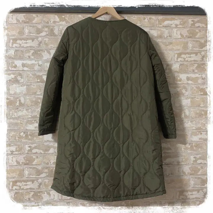 Quilted coat, long coat, plain green, knee length, hood, no collar, Korean