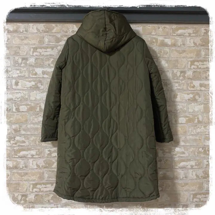 Quilted coat, long coat, plain green, knee length, hood, no collar, Korean