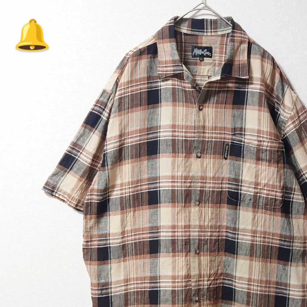 ◆◎L Linen 100 Brown Check All-over Pattern Short Sleeve Shirt Men's Linen Old-wear