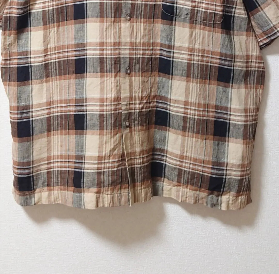 ◆◎L Linen 100 Brown Check All-over Pattern Short Sleeve Shirt Men's Linen Old-wear