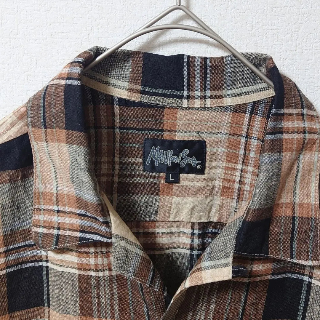 ◆◎L Linen 100 Brown Check All-over Pattern Short Sleeve Shirt Men's Linen Old-wear