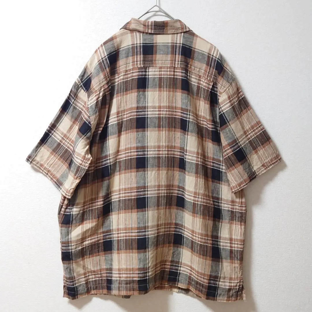 ◆◎L Linen 100 Brown Check All-over Pattern Short Sleeve Shirt Men's Linen Old-wear