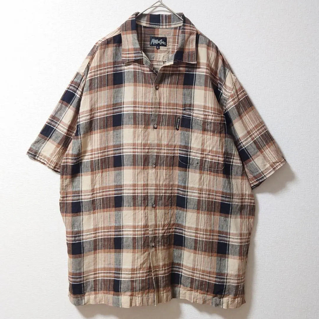 ◆◎L Linen 100 Brown Check All-over Pattern Short Sleeve Shirt Men's Linen Old-wear