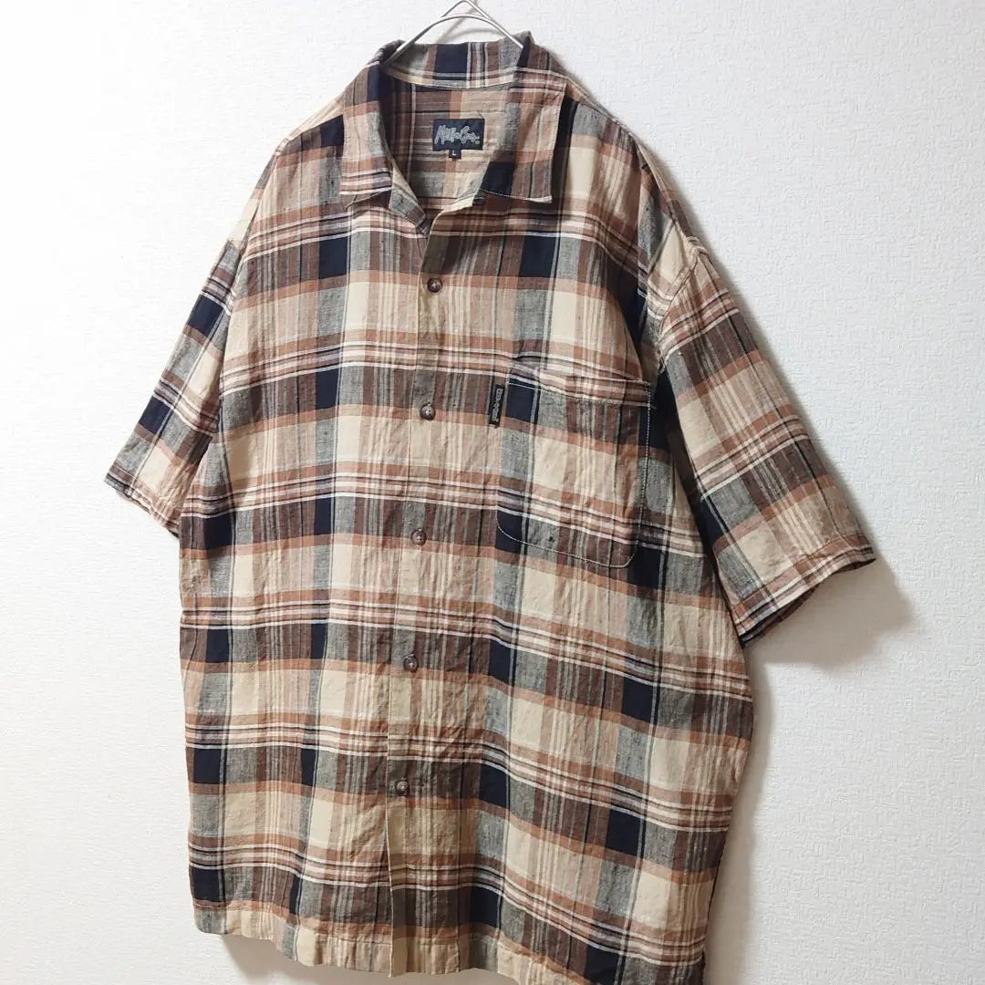 ◆◎L Linen 100 Brown Check All-over Pattern Short Sleeve Shirt Men's Linen Old-wear