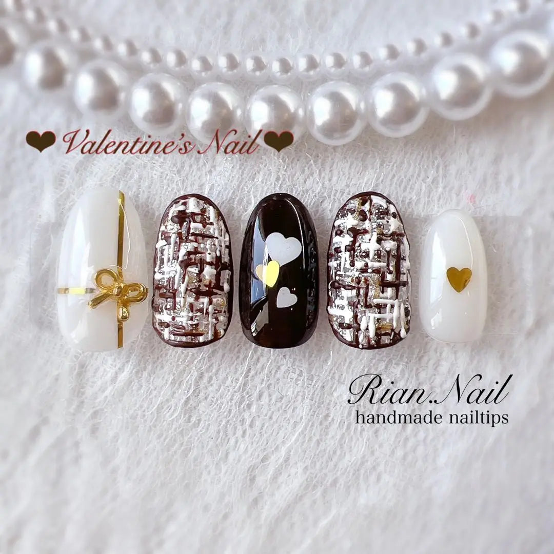 [No.049] Valentine's Day Nails♡ Tweed♡ Ribbon♡ Present♡ Heart