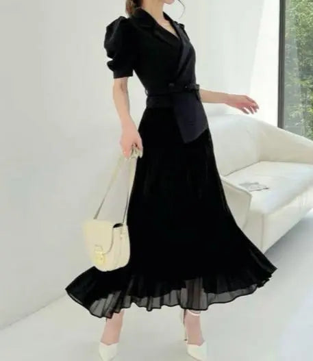 Beautiful condition ✨ Royal Party Pleated Short Sleeve Jacket Long Dress Black A-line