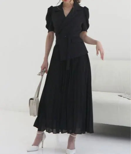 Beautiful condition ✨ Royal Party Pleated Short Sleeve Jacket Long Dress Black A-line