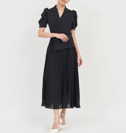 Beautiful condition ✨ Royal Party Pleated Short Sleeve Jacket Long Dress Black A-line