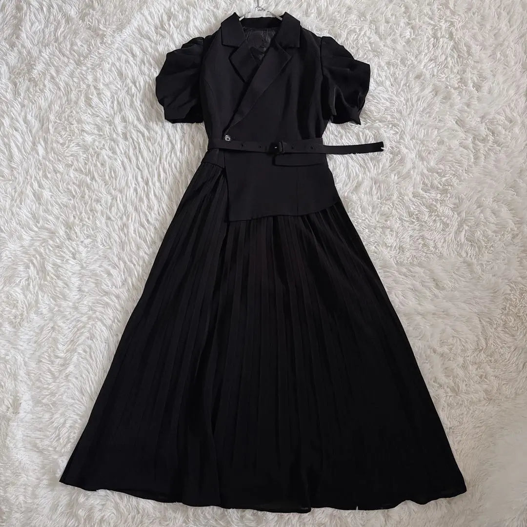 Hermoso estado ✨ Vestido largo negro tipo chaqueta plisada de manga corta Royal Party