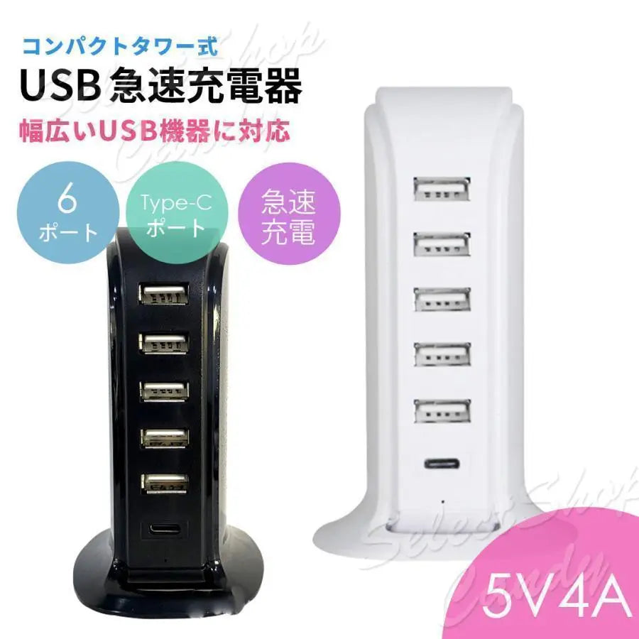 USB outlet, charger, 6 ports, AC adapter, tower type, Type-C