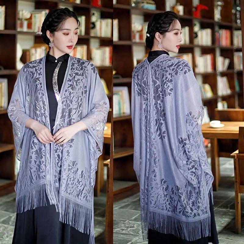 Large stole Haori Kimono Dress Lace Gray 856 Shawl Marriage Nagahaori