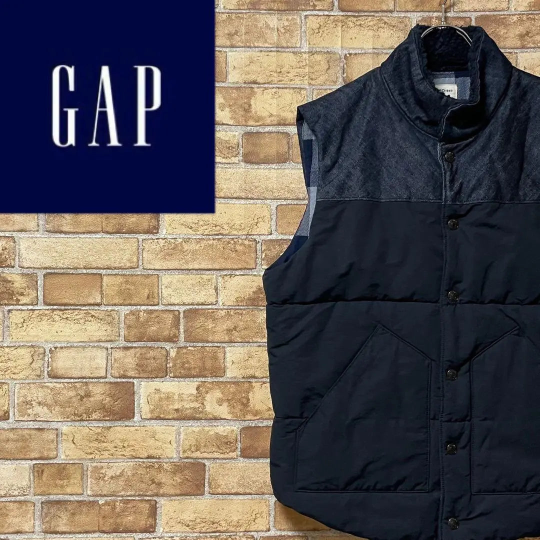 GAP Old Gap Down Vest Denim Land Collar Bore Navy Check M | GAP　オールドギャップ　ダウンベスト　デニム地　襟ボア　ネイビー　チェック　M