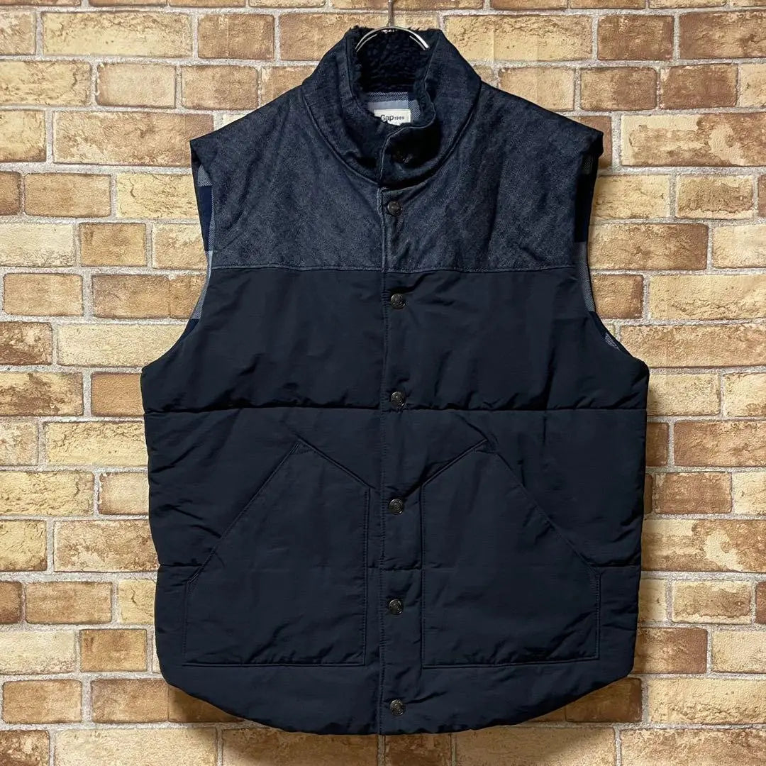 GAP Old Gap Down Vest Denim Land Collar Bore Navy Check M | GAP　オールドギャップ　ダウンベスト　デニム地　襟ボア　ネイビー　チェック　M