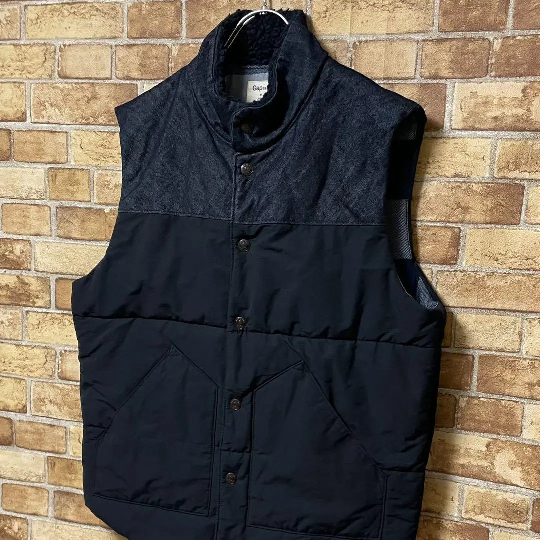 GAP Old Gap Down Vest Denim Land Collar Bore Navy Check M | GAP　オールドギャップ　ダウンベスト　デニム地　襟ボア　ネイビー　チェック　M