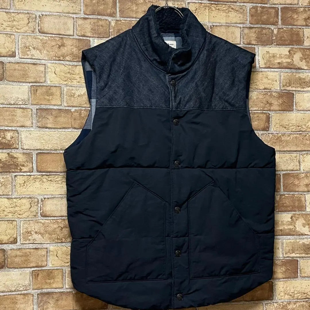 GAP Old Gap Down Vest Denim Land Collar Bore Navy Check M | GAP　オールドギャップ　ダウンベスト　デニム地　襟ボア　ネイビー　チェック　M