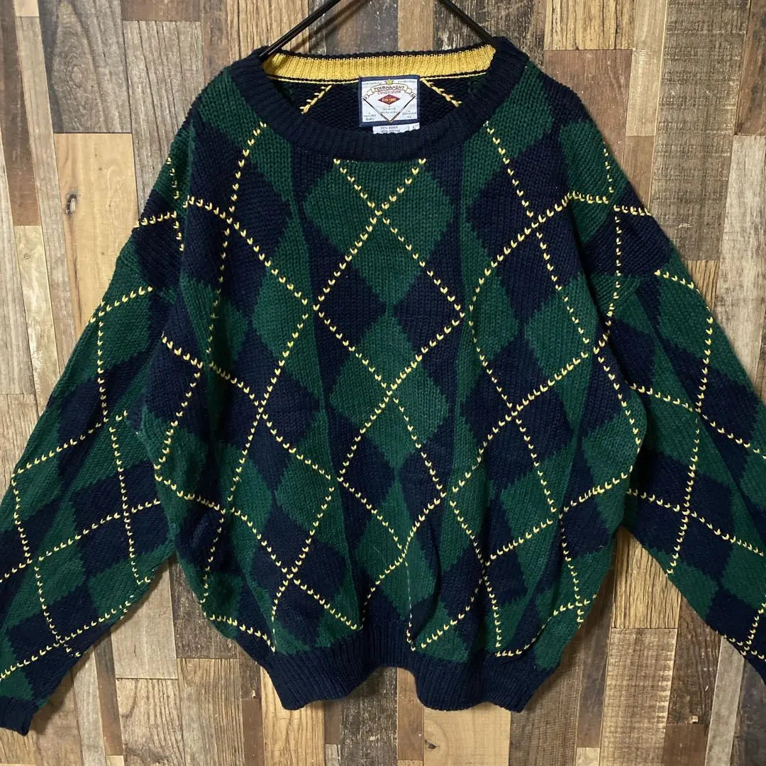 Green sweater for men L, all-over pattern, cotton, USA vintage clothing, long sleeves, knit