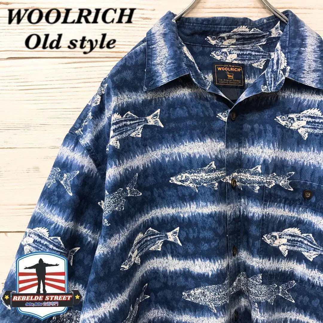 [Super Rare] WOOLRICH☆ Short-sleeved shirt, blue, blue, all-over pattern, fish pattern, HS326