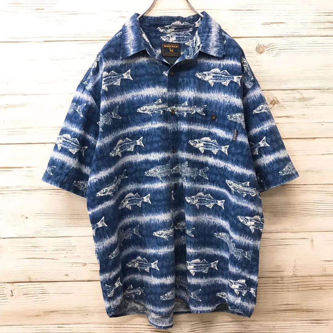 [Super Rare] WOOLRICH☆ Short-sleeved shirt, blue, blue, all-over pattern, fish pattern, HS326