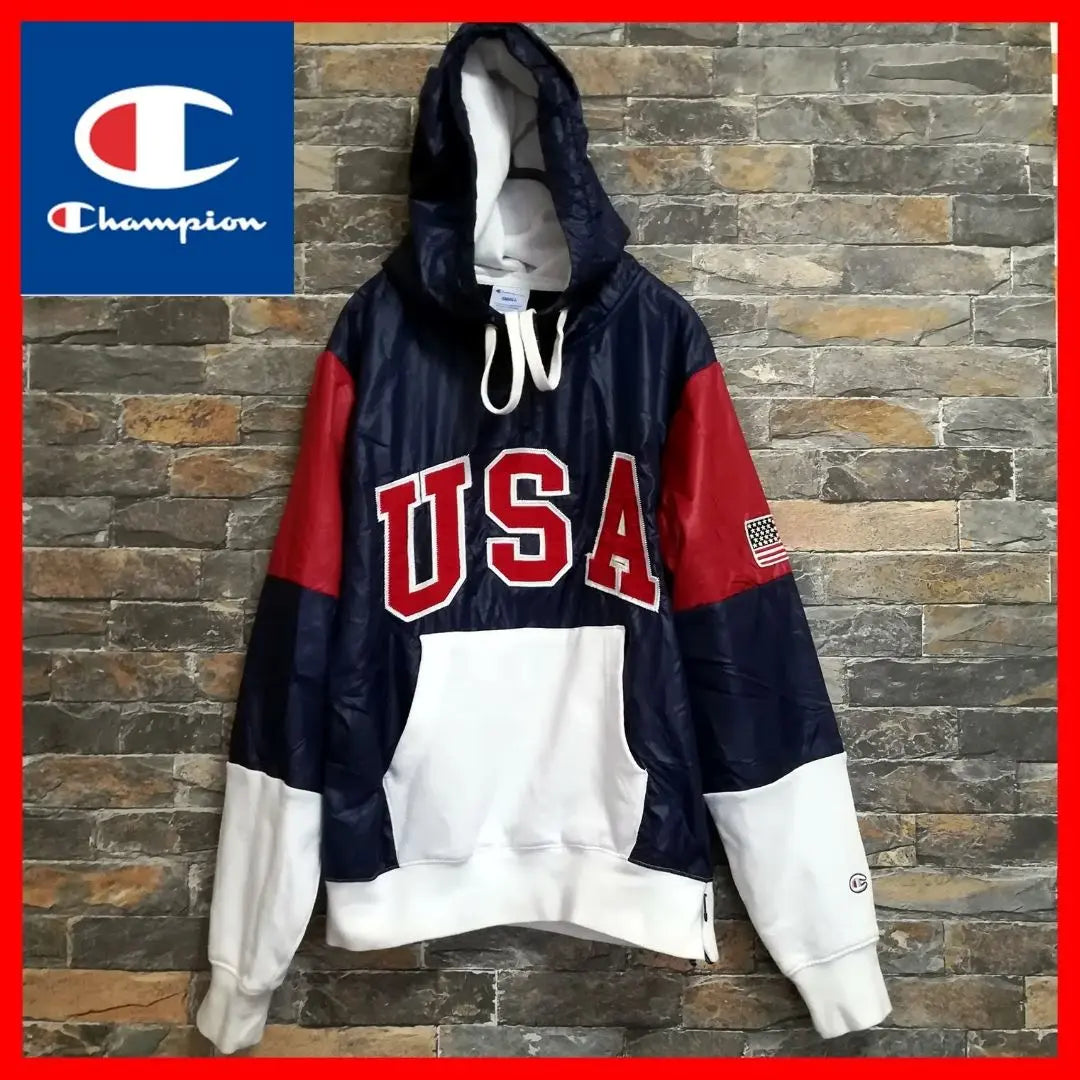 ★Rare mixed material "Champion" half zip hoodie big logo patch