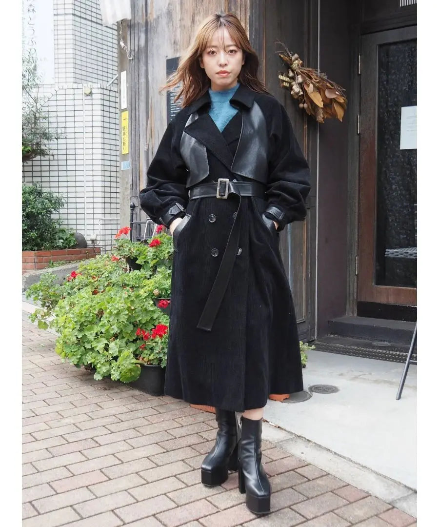 evris Different material switching coat leather docking coat