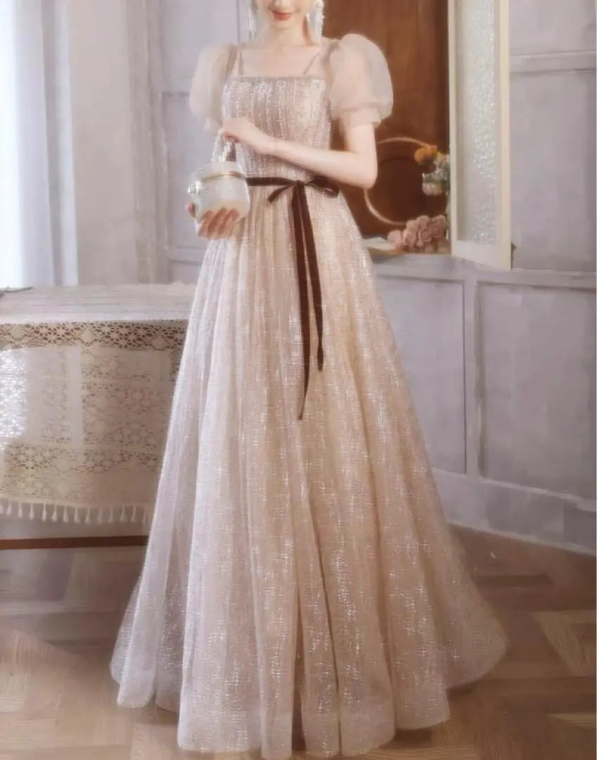 Lady See-through Puff Sleeve Long Dress Wedding Party Costume