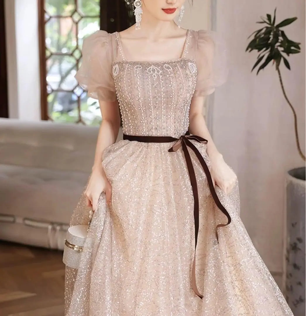 Lady See-through Puff Sleeve Long Dress Wedding Party Costume