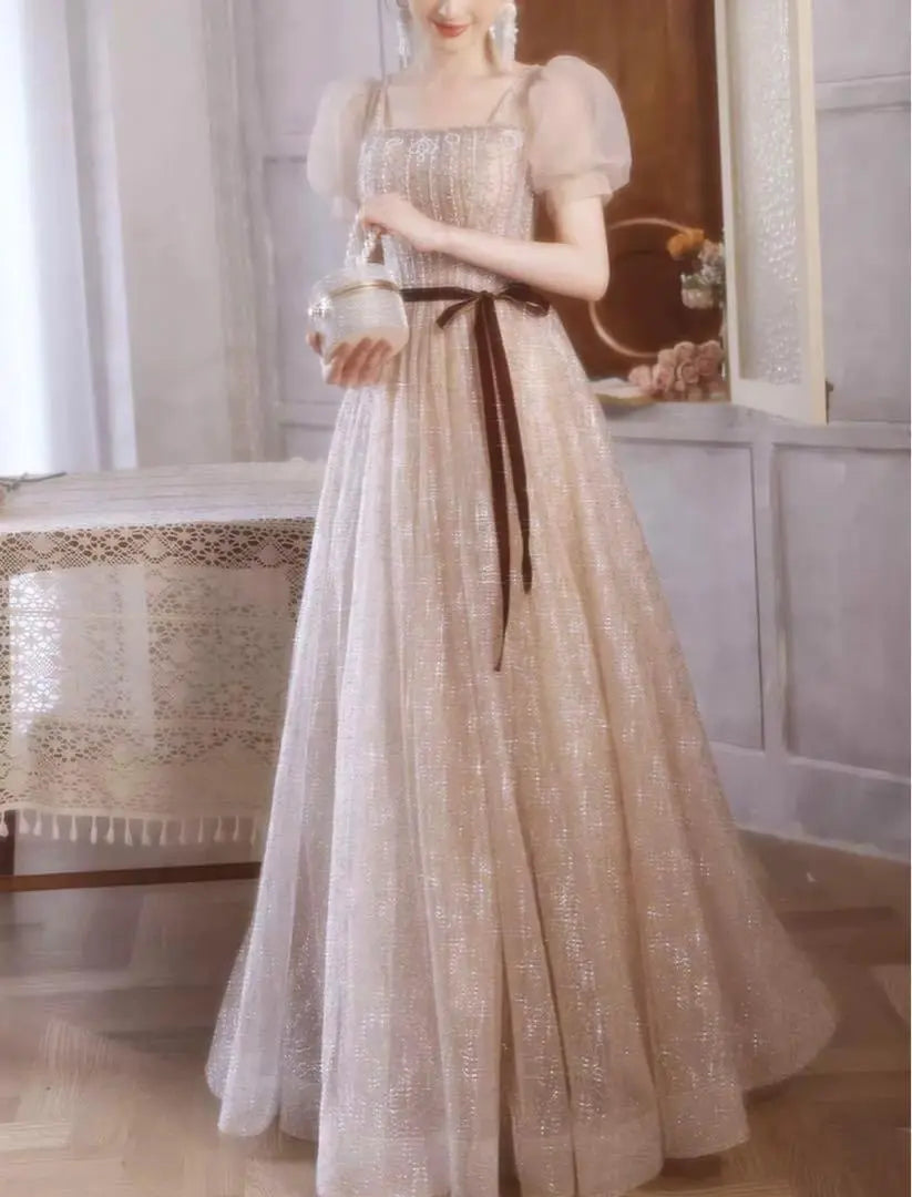 Lady See-through Puff Sleeve Long Dress Wedding Party Costume