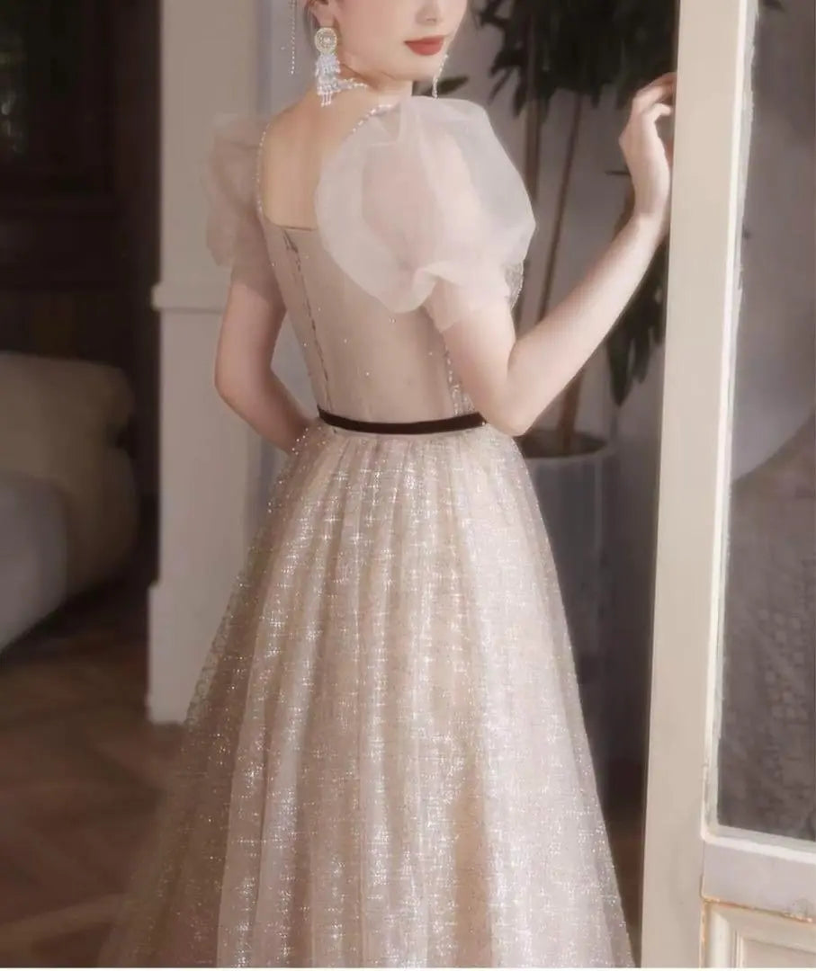 Lady See-through Puff Sleeve Long Dress Wedding Party Costume