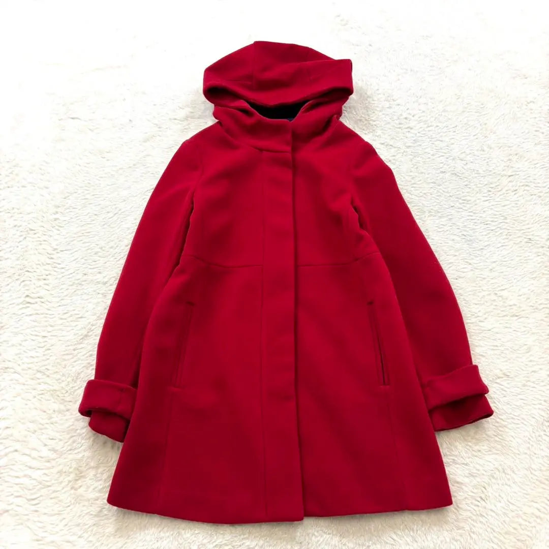 [Zara] S Red Hooded Wool Coat Mid-length A-line Simple