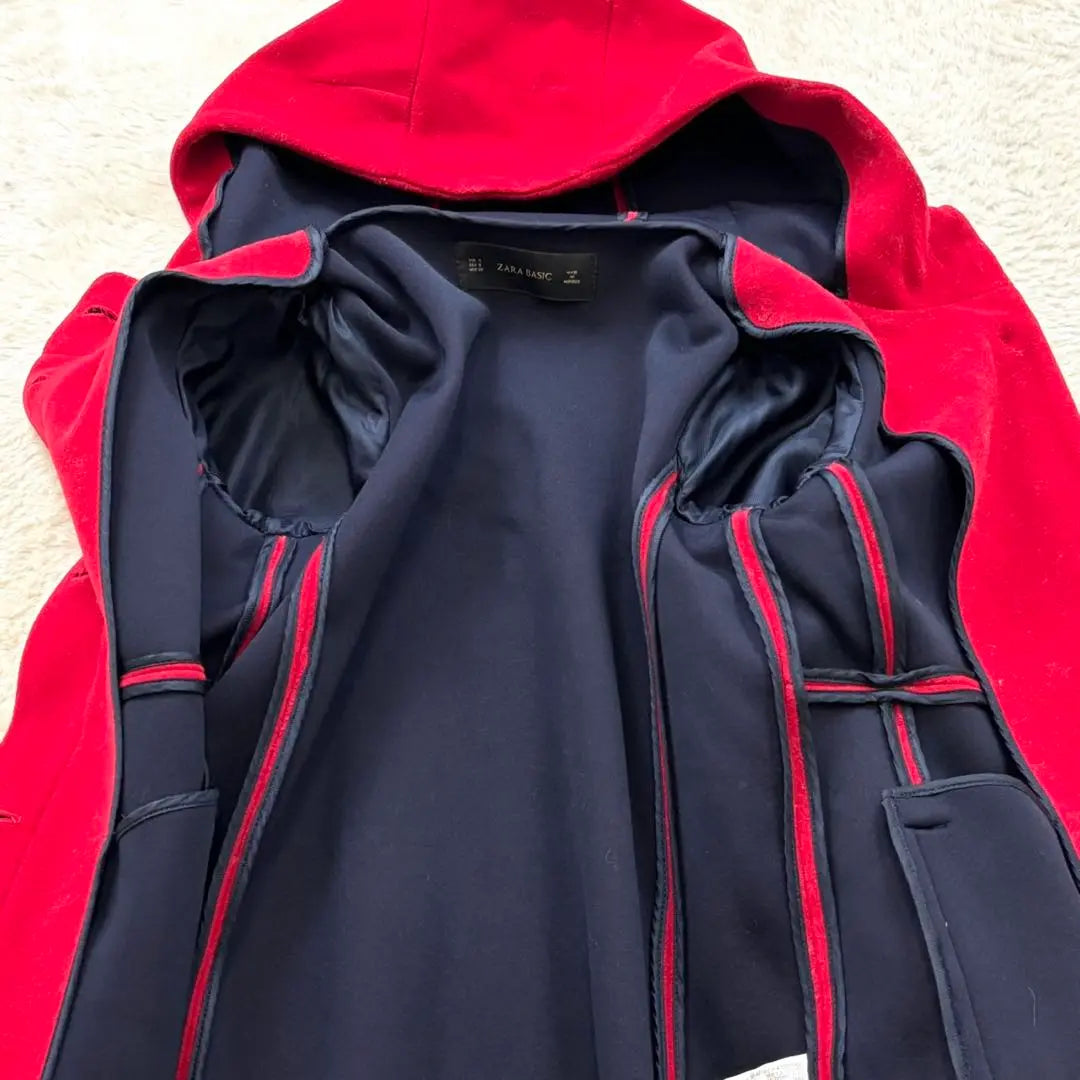 [Zara] S Red Hooded Wool Coat Mid-length A-line Simple