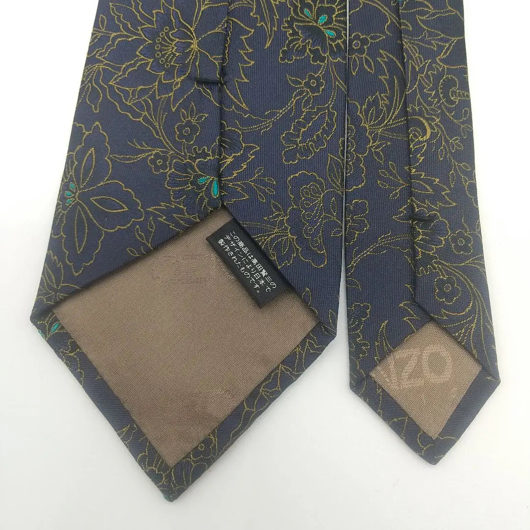 KENZO Tie Silk Floral Embroidered Navy 10