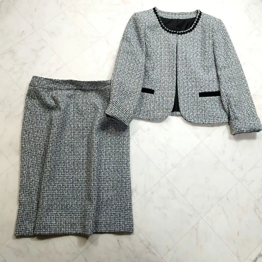 Chaqueta de tweed sin cuello y falda formal de mujer de talla grande