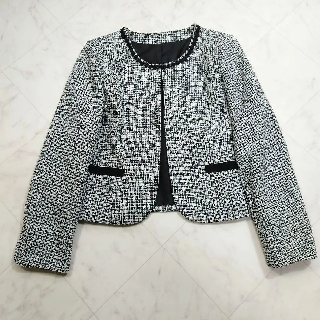 Chaqueta de tweed sin cuello y falda formal de mujer de talla grande