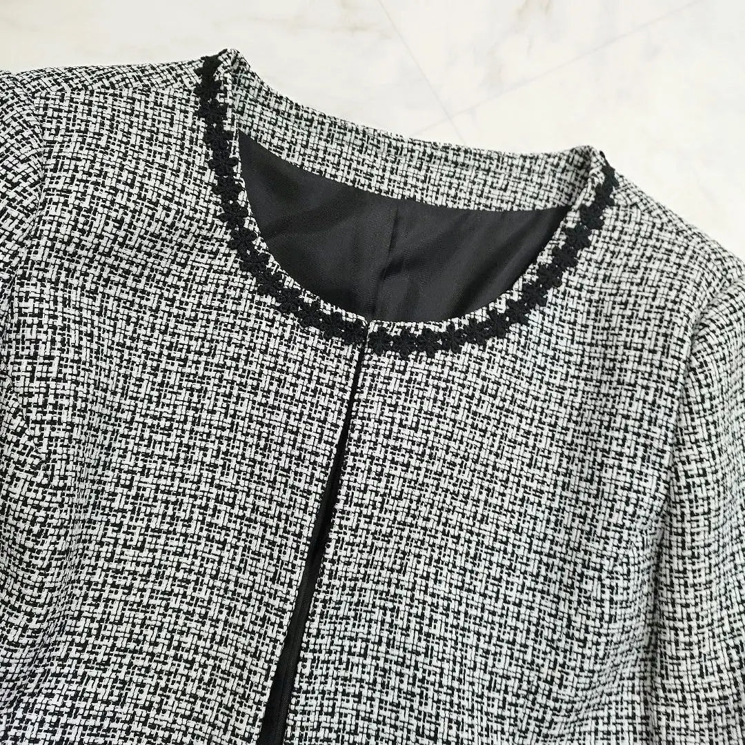 Chaqueta de tweed sin cuello y falda formal de mujer de talla grande