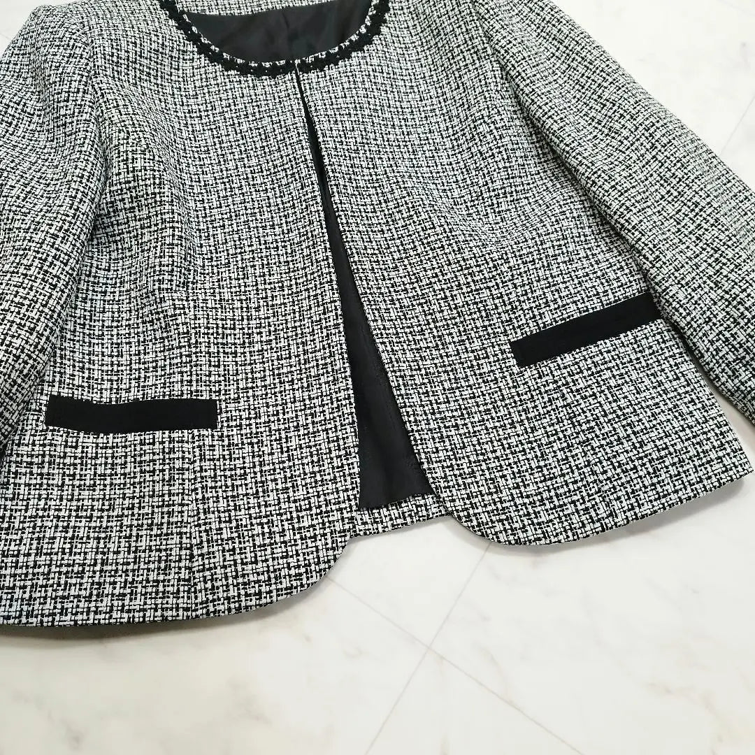 Chaqueta de tweed sin cuello y falda formal de mujer de talla grande