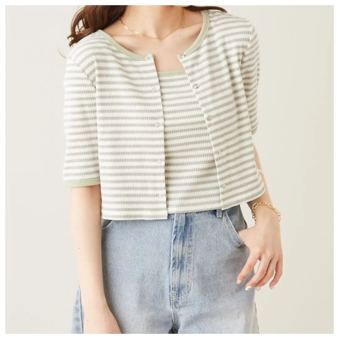 [Chico] Border Short Cardigan Camisole Ensemble Short Sleeve