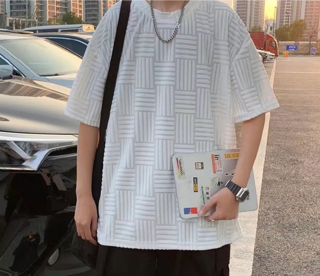 ✨ Brand new and unused✨ All-over pattern short sleeve T-shirt top Korean men's mode white