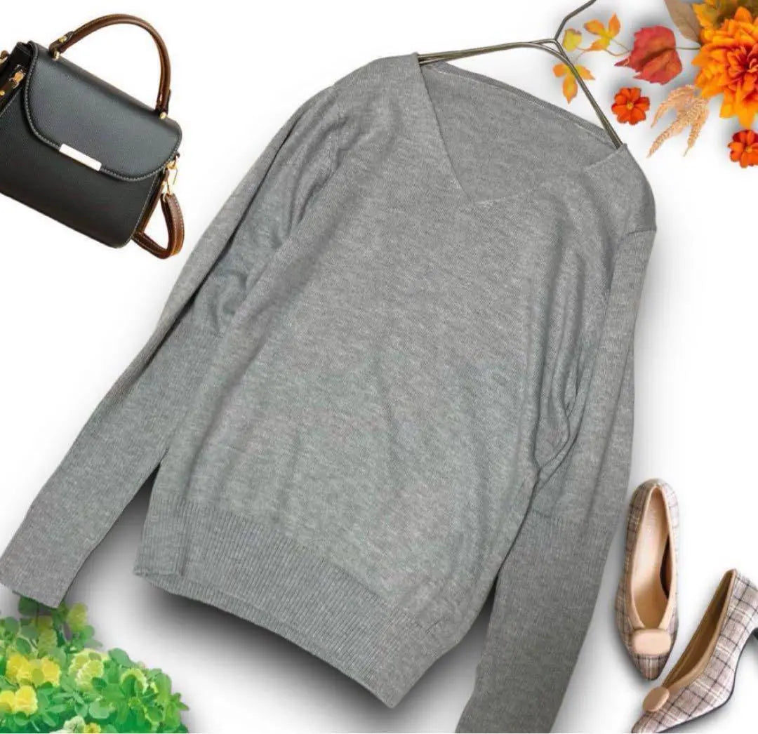 Women's Sweater Knit Tops Cut and Sewn Long Sleeve Gray V Neck Autumn/Winter