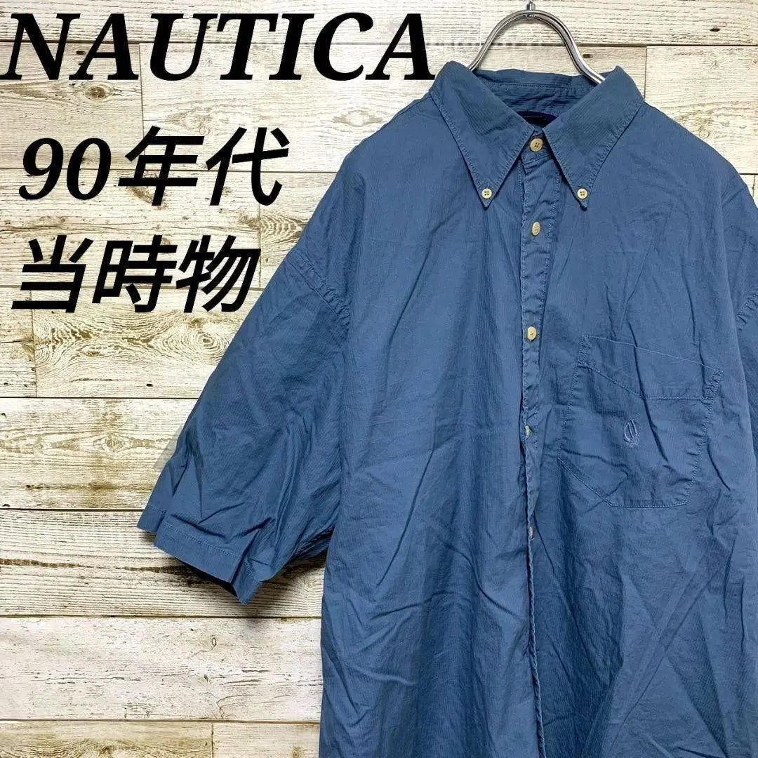 [w381] Rare USA vintage Nautica 90s item at the time button down short sleeve shirt top blue