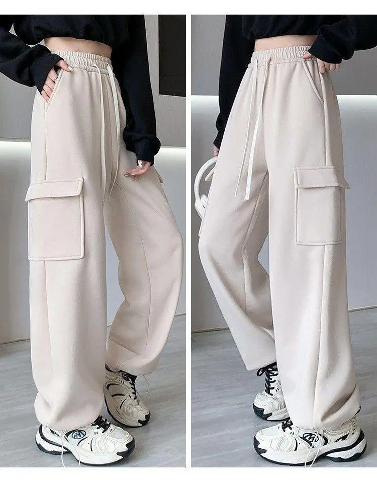 Sweatshirt, cargo pants, autumn/winter, elastic waist, with drawstring, beige M