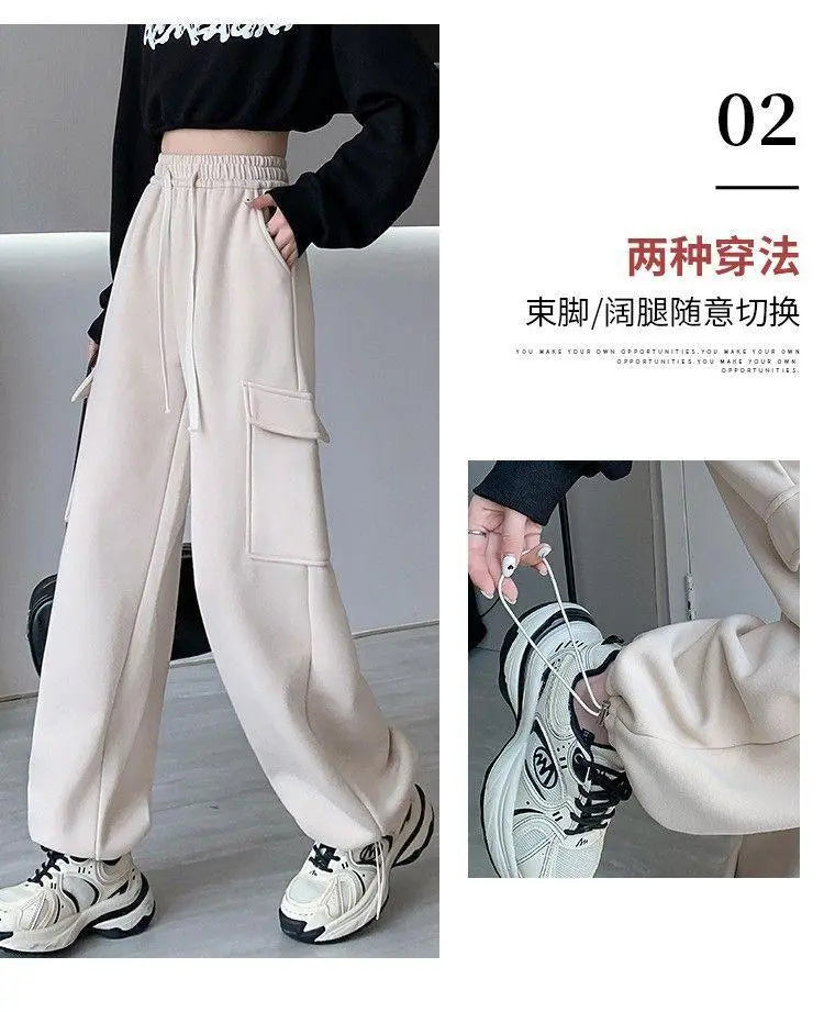 Sweatshirt, cargo pants, autumn/winter, elastic waist, with drawstring, beige M