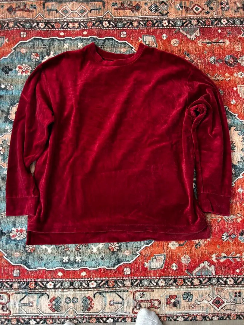 [Used clothing] M size burgundy long sleeve cut and sew velor