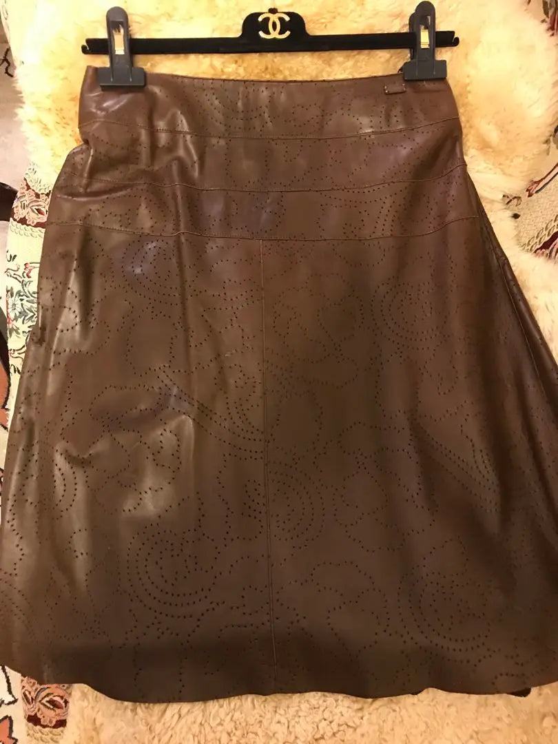 Rare CHANEL Genuine Leather Skirt CC Logo Camellia Pattern Lambskin Matelasse