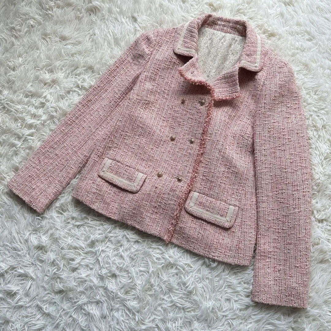 Lois Crayon Tweed Jacket Pink Lace Double Gold Button Made in Japan