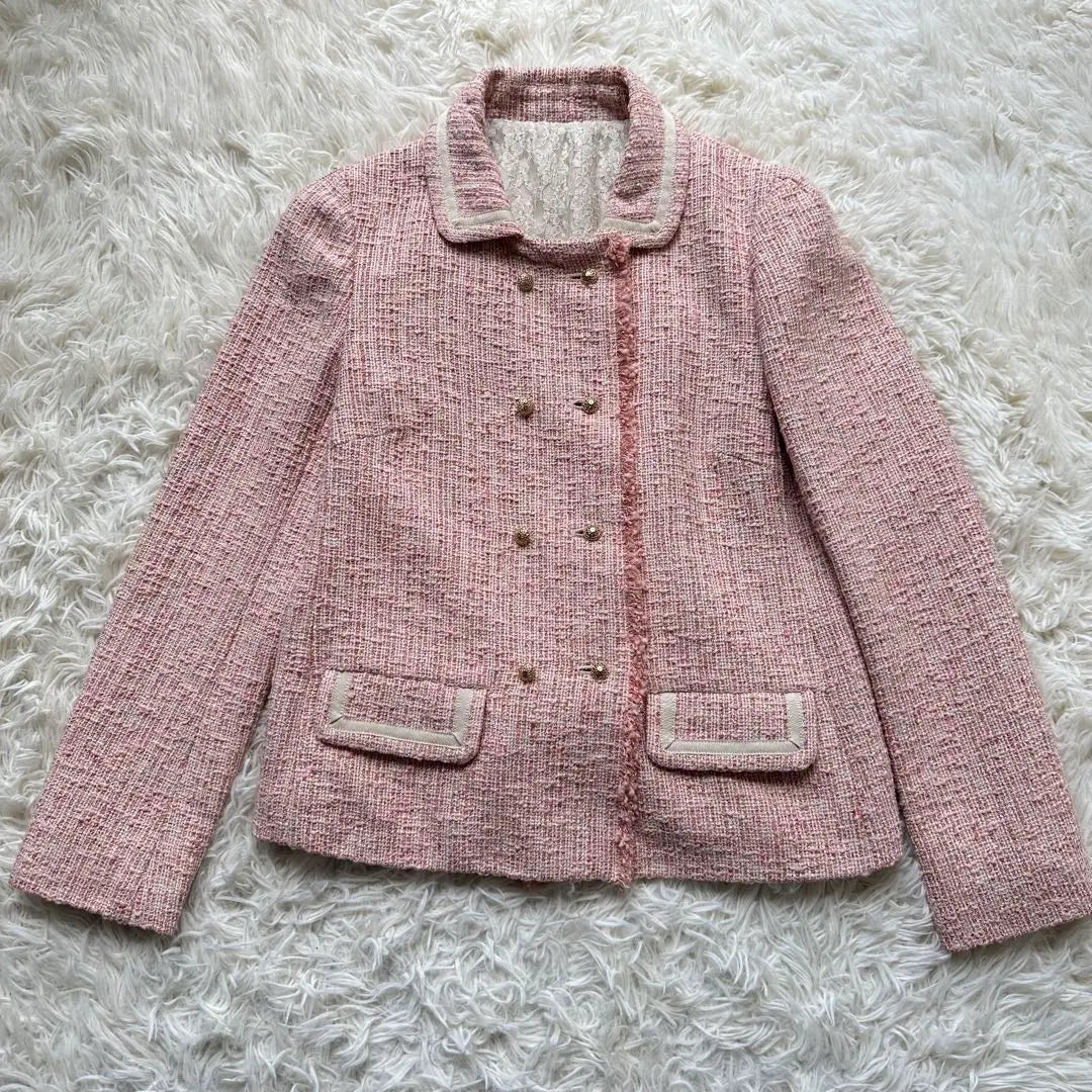 Lois Crayon Tweed Jacket Pink Lace Double Gold Button Made in Japan